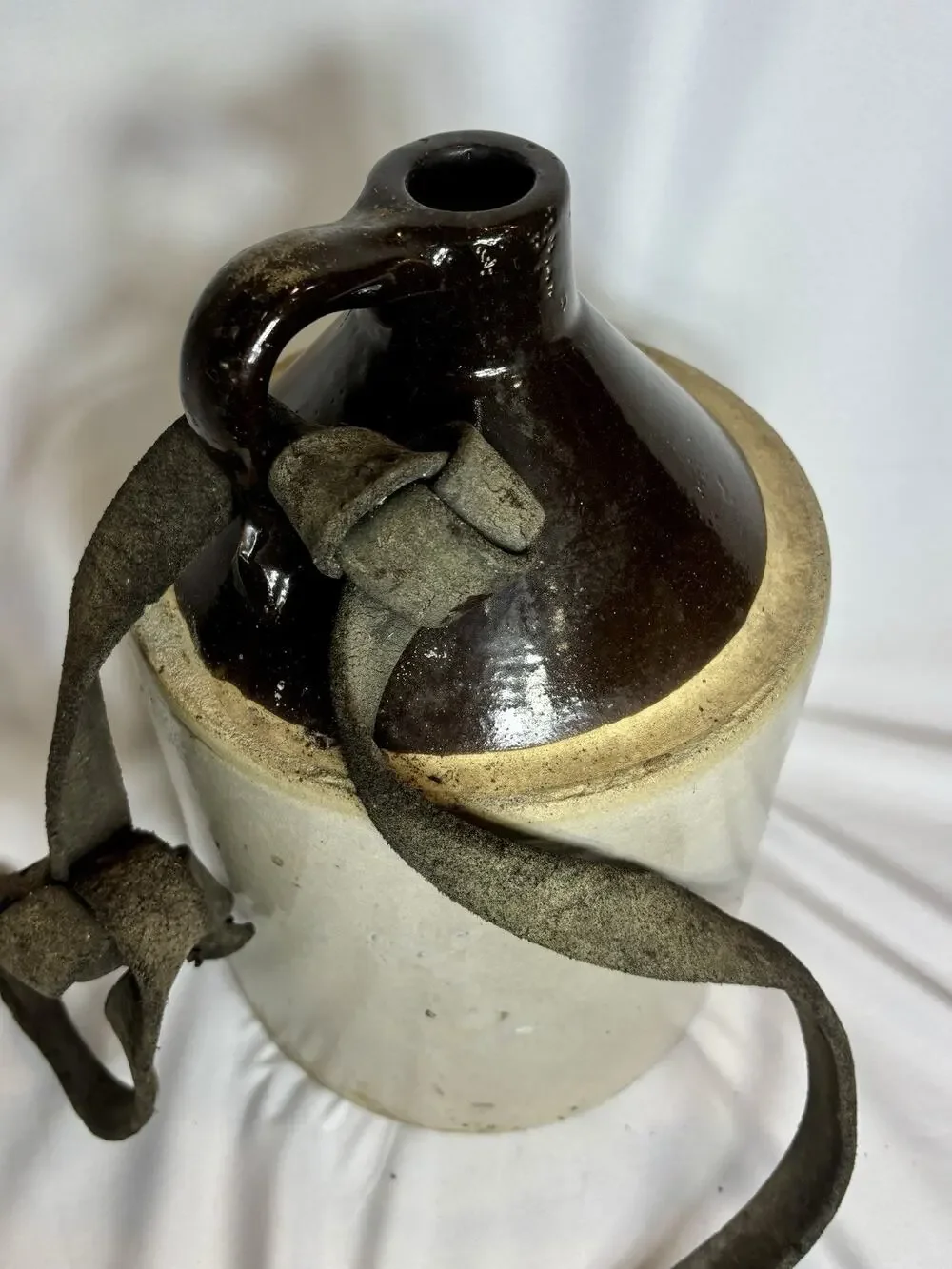 Vintage Stoneware Jug Crock Brown Cream Pottery Shoulder Jug Primitive 12”